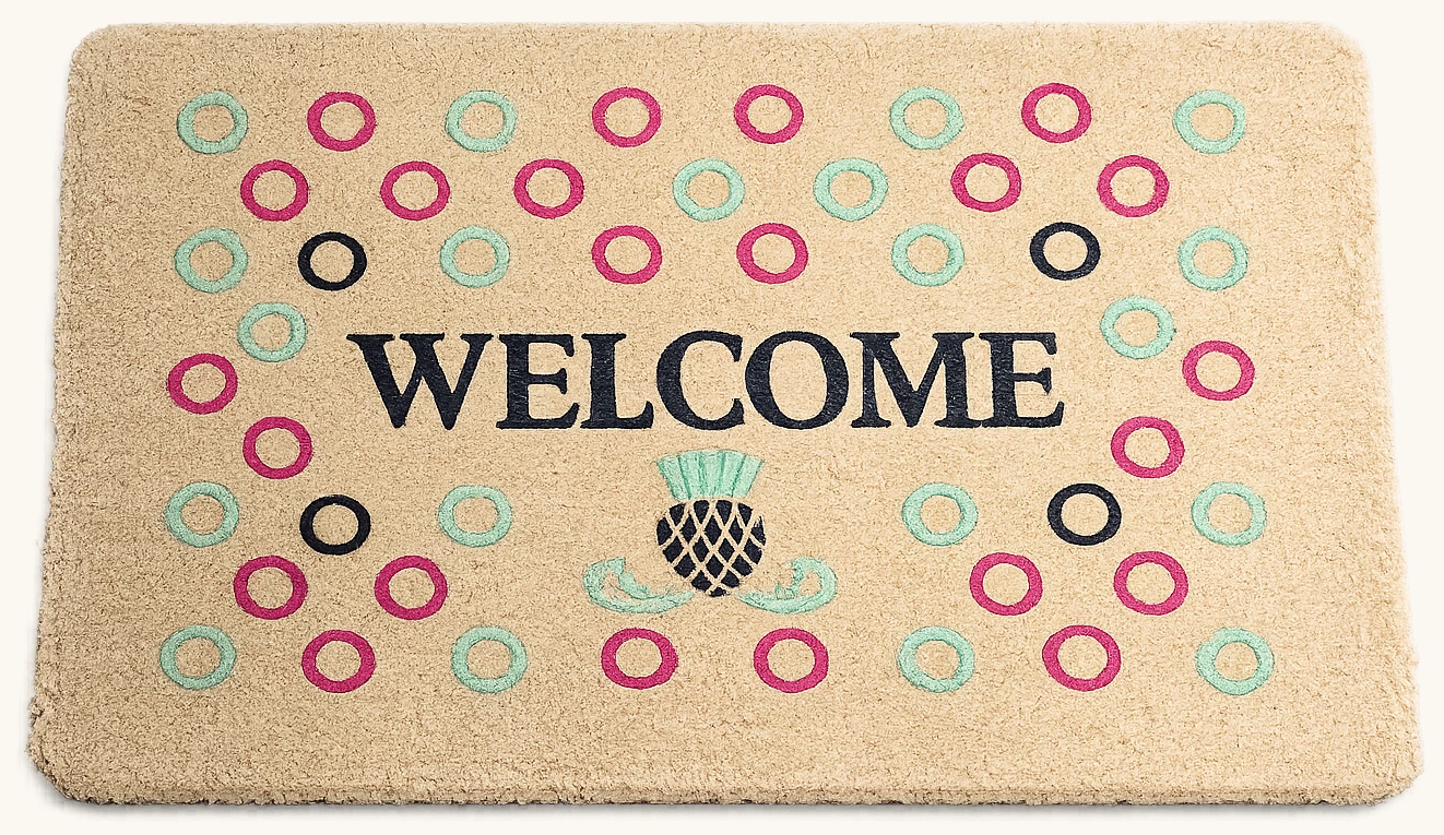 Renkli Welcome yazılı velür coco paspas kauçuk tabanlı