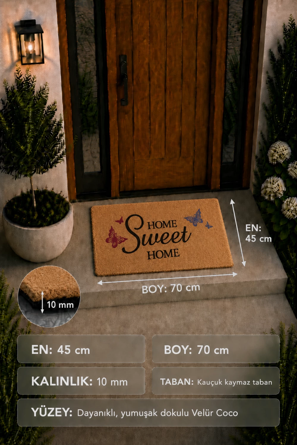 Home Sweet yazılı velür coco paspas kauçuk tabanlı