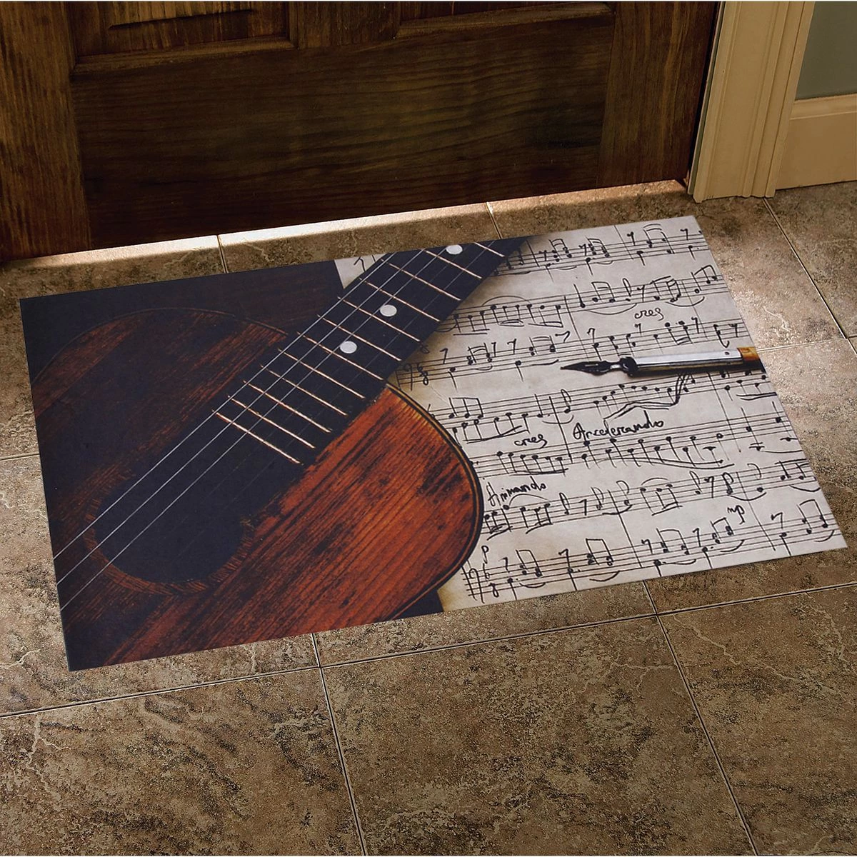Gitar ve Notalar Desenli Kauçuk Kapı Önü Paspası